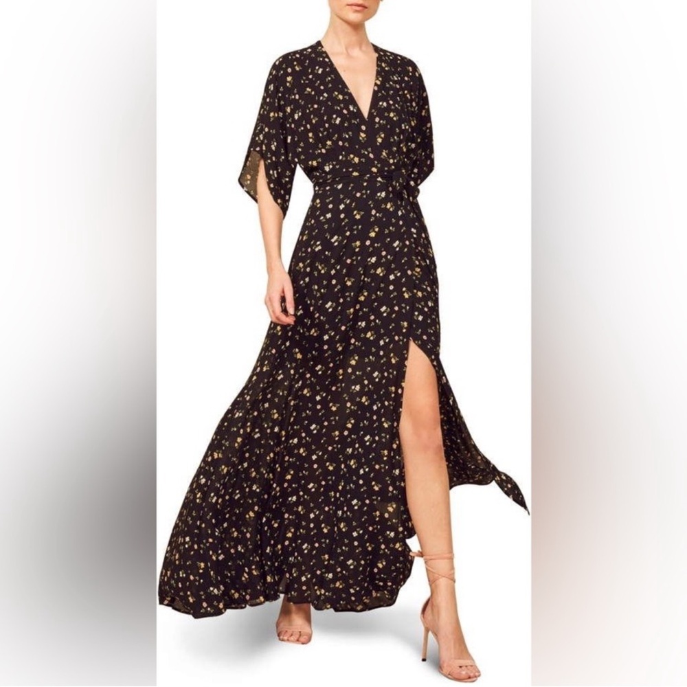 Reformation Black Maxi Dress with Yellow Floral Print